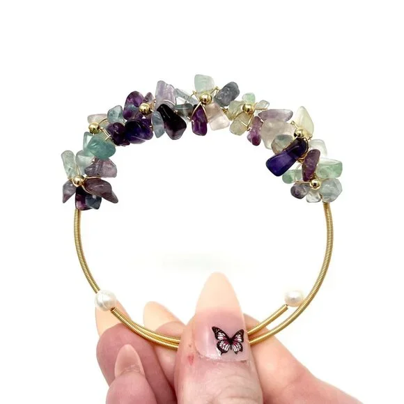 Fluorite Purple floral crystal chip bracelet bangle handmade stone accessories - Picture 3 of 6
